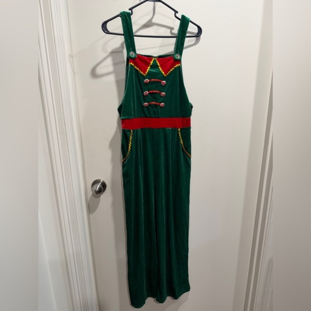 No Boundaries Green Holiday Velvet Overalls with Red and Gold Accents